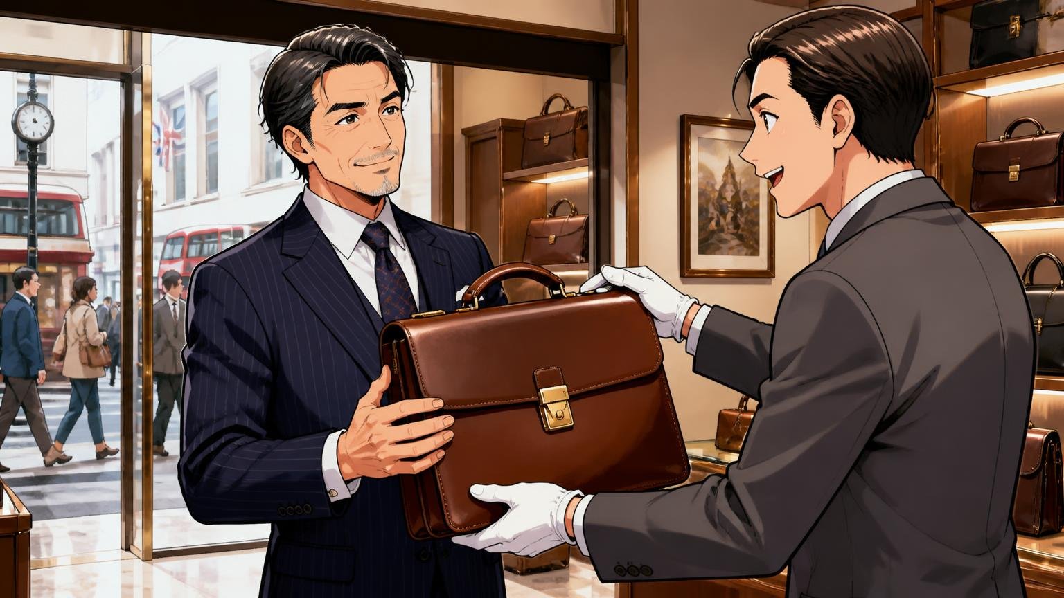 向いている人:ブランドの格と英国の歴史に、数十万円の価値を感じる人 銀座の路面店で店員から革のブリーフケースを受け取り誇らしげに微笑む40代男性の場面