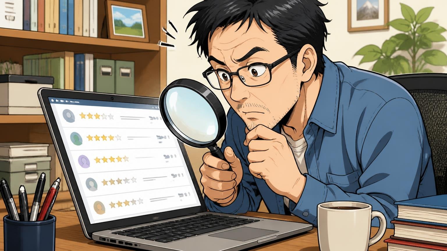 やらせの心配は小さい｜ただし口コミの件数はかなり少ない　自宅の書斎で虫眼鏡を持ってパソコン画面のレビューをのぞき込む40代男性1人
