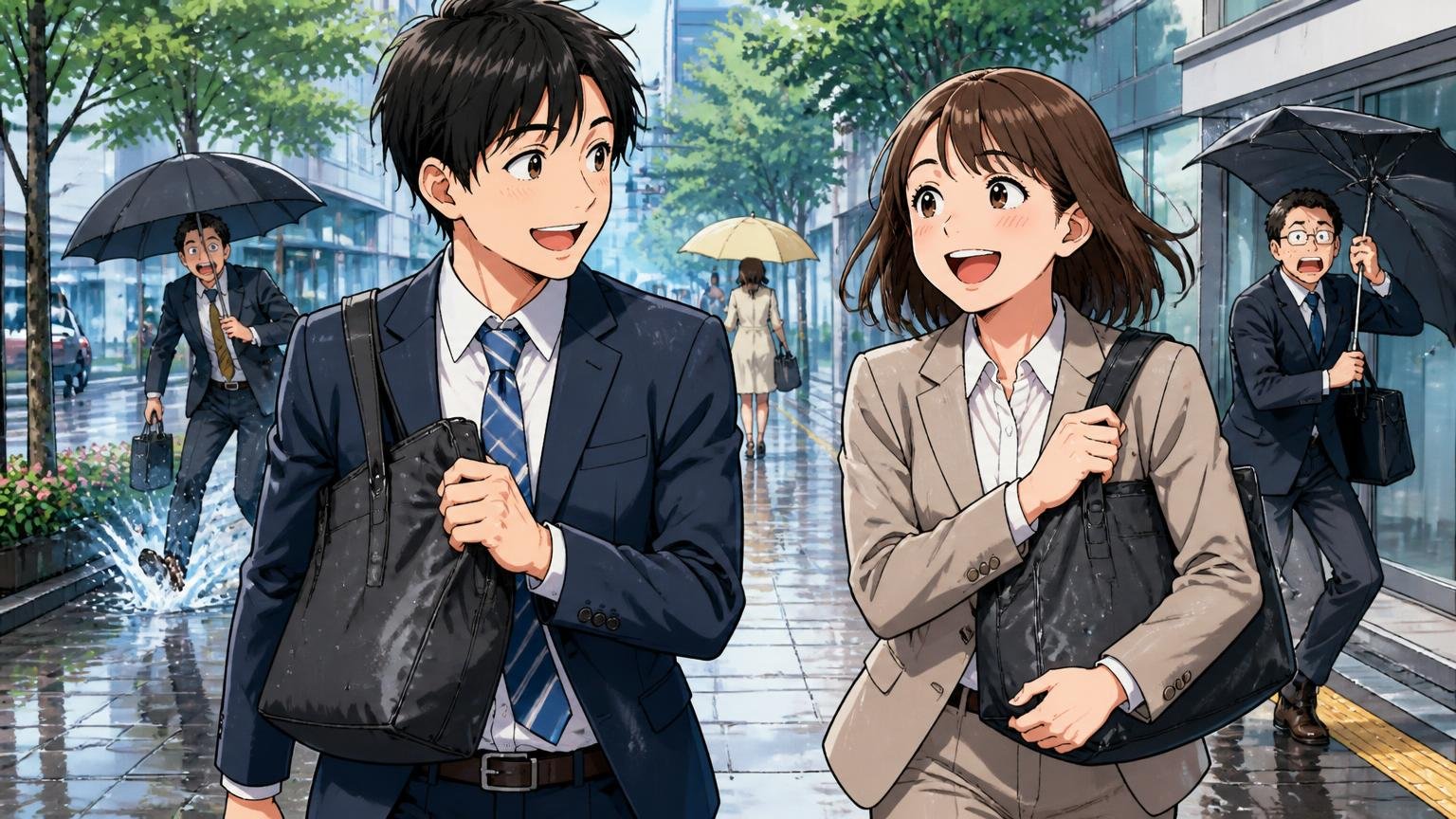 向いている人|就活・新社会人、軽さとコスパ重視、雨の日の歩道で撥水バッグを抱えて笑顔で歩く若手社員の男女2人