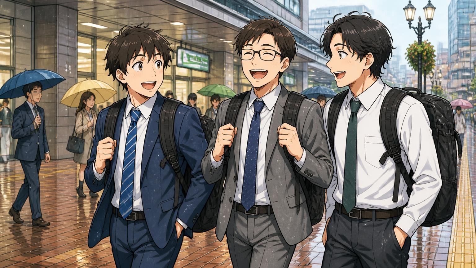 向いている人：若手・在宅中心・現場や出張・雨の日用・2本目が欲しい人 雨の日の駅前でリュック型バッグを背負い笑顔で歩く若手社員3人