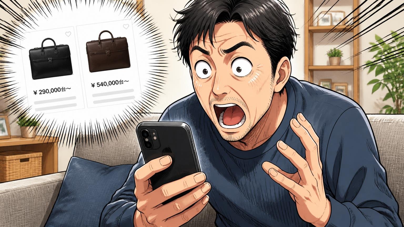 公式オンラインのブリーフケースは29万円台〜54万円台。自宅のソファで40代男性がスマホの価格表示を見て目を丸くする場面