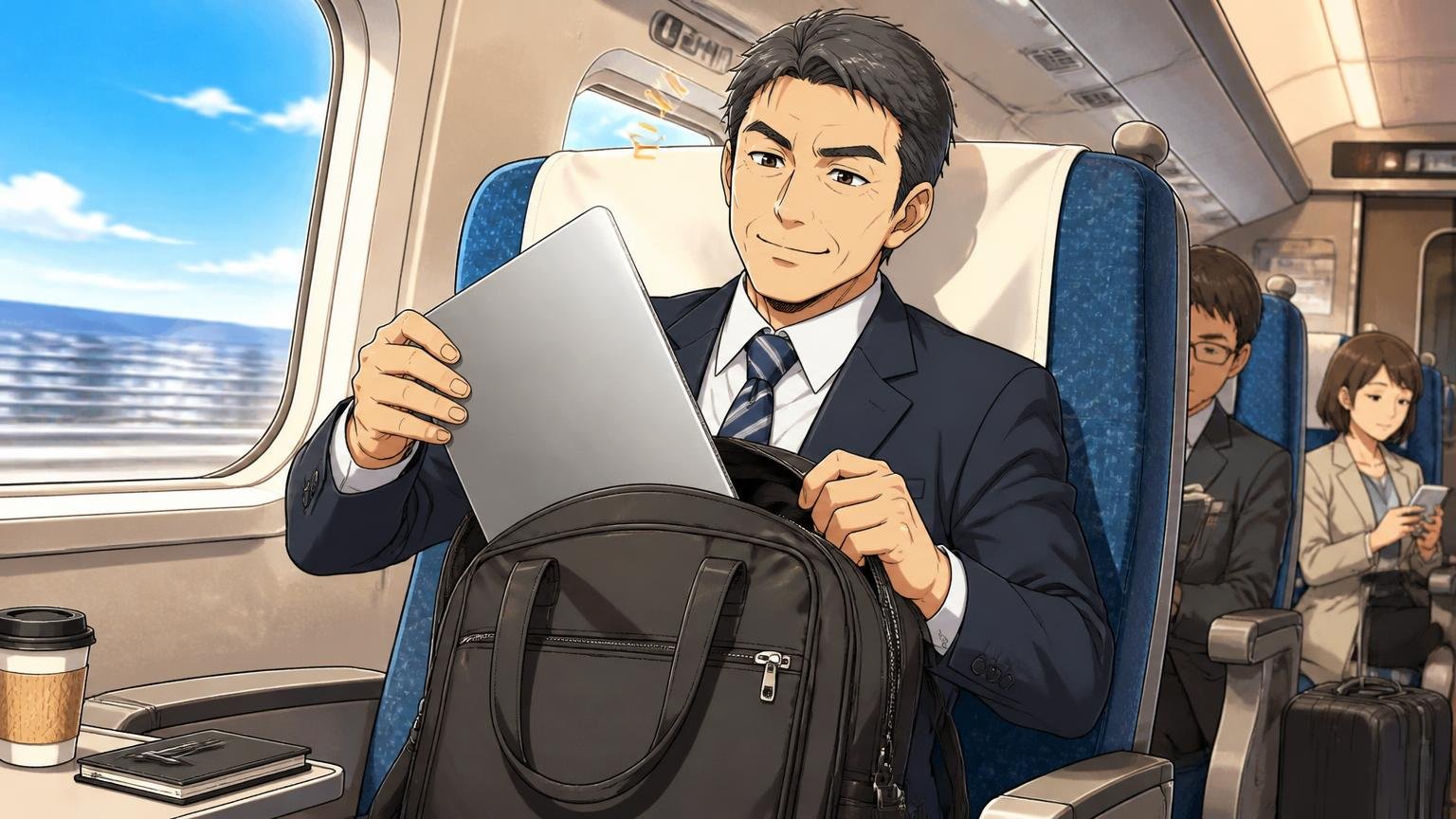 向いている人|1万円前後で、軽くて機能的な通勤・出張バッグがほしい 新幹線の座席で40代男性が軽いナイロンバッグからPCを取り出し満足げにうなずく場面