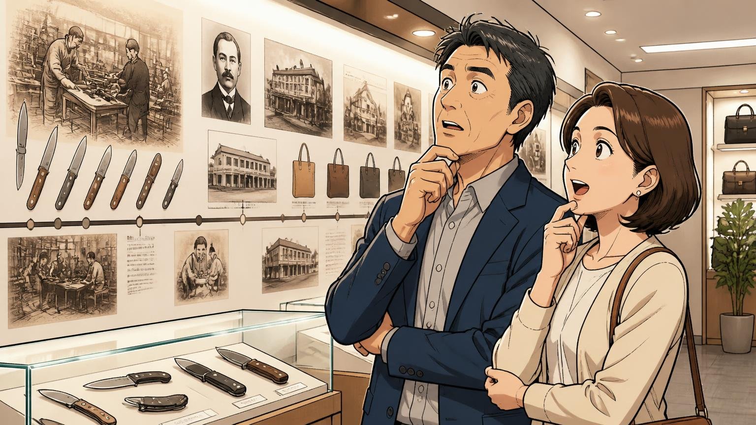 創業140年超のナイフメーカー、バッグ事業は1999年から ショールームで老舗ブランドの歴史パネルを眺める40代男女2人