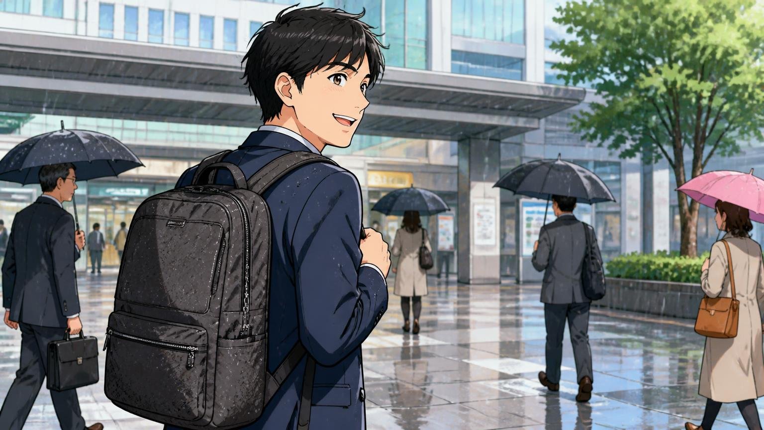 向いている人|軽さ・価格・出張・雨の日を優先したい人 雨の日の駅前で布製のビジネスリュックを背負い、笑顔で歩き出す30代男性1人