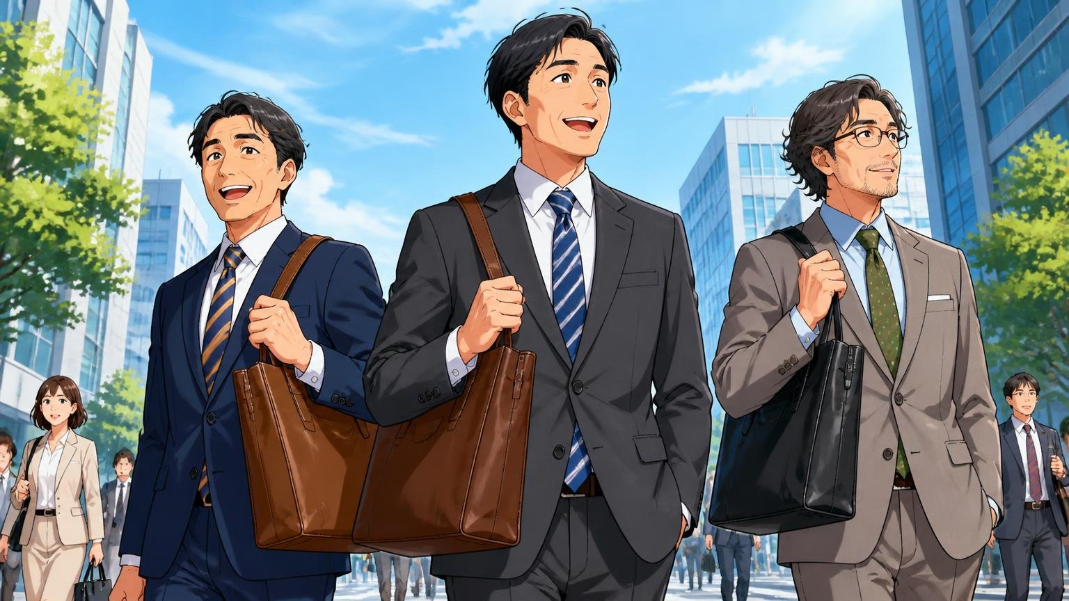 革トートの肩掛けが向いている人 朝のオフィス街を革トートを肩に掛けて軽やかに歩く40代の会社員3人
