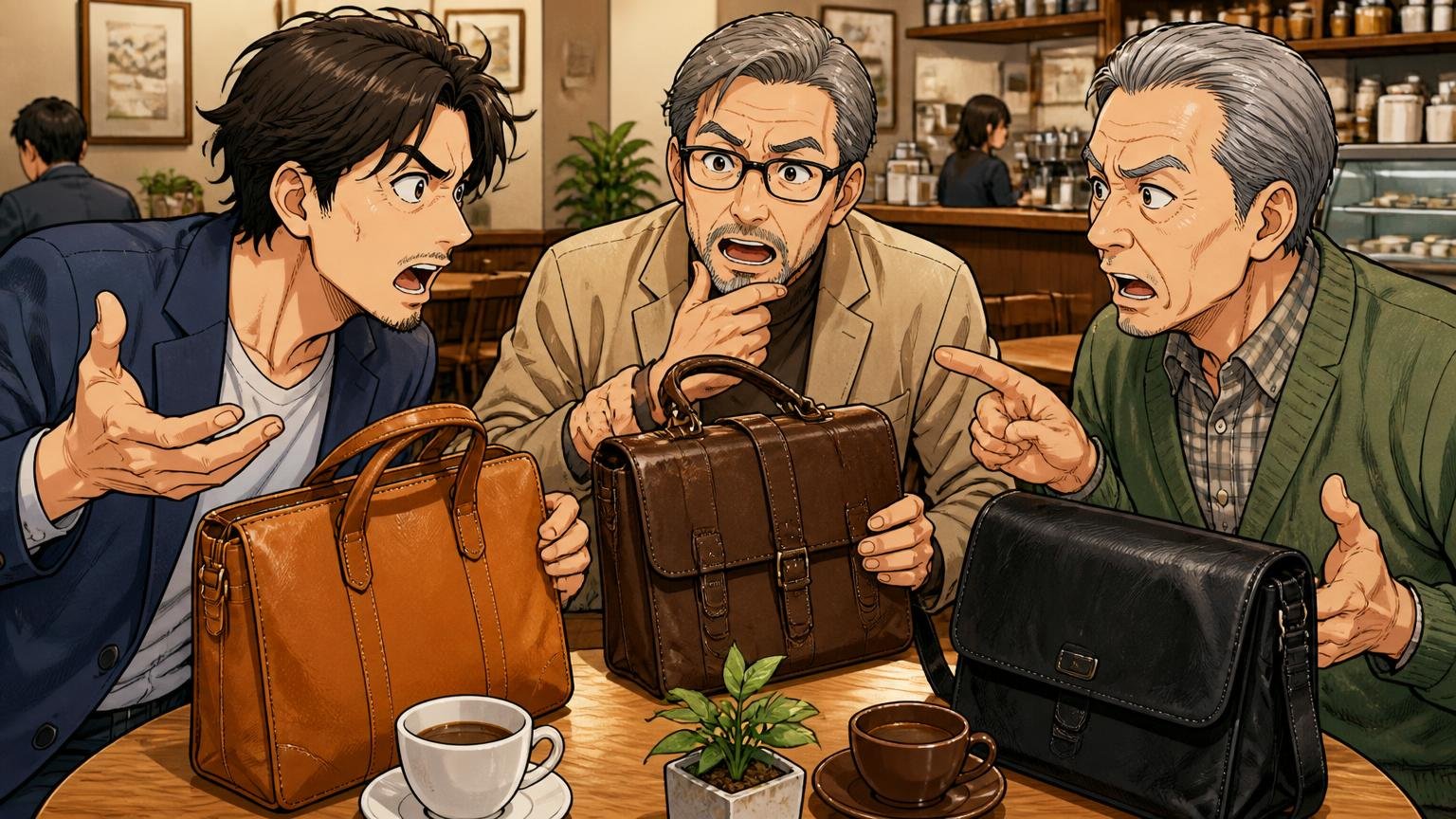「30歳以上」「50〜70代」と年齢層の評判が割れる理由 カフェで年代の違う男性3人が革のバッグを見せ合い議論する場面