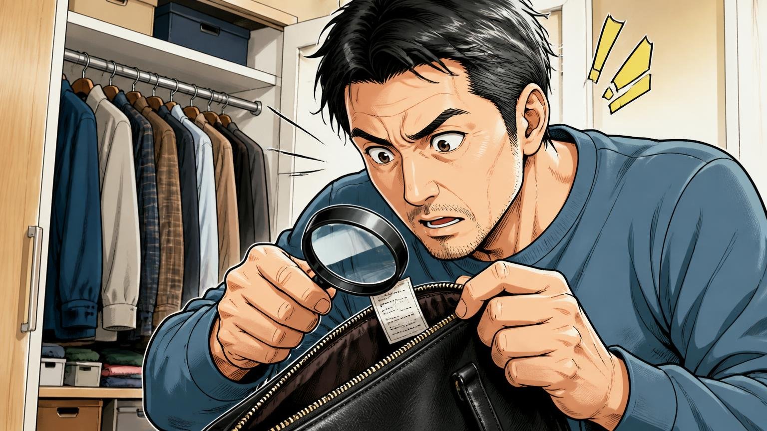 素材欄で「本革」「合成皮革」「ナイロン」を必ず見る 自宅のクローゼットの前でバッグの内側の表示タグを虫眼鏡で確かめる40代男性1人の場面
