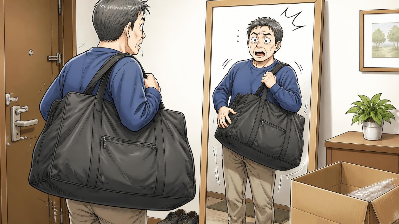 「思ったより大きかった」通販で起きるサイズ感のズレ。自宅の玄関で届いた大きなバッグを肩にかけて鏡の前で戸惑う50代男性1人の場面