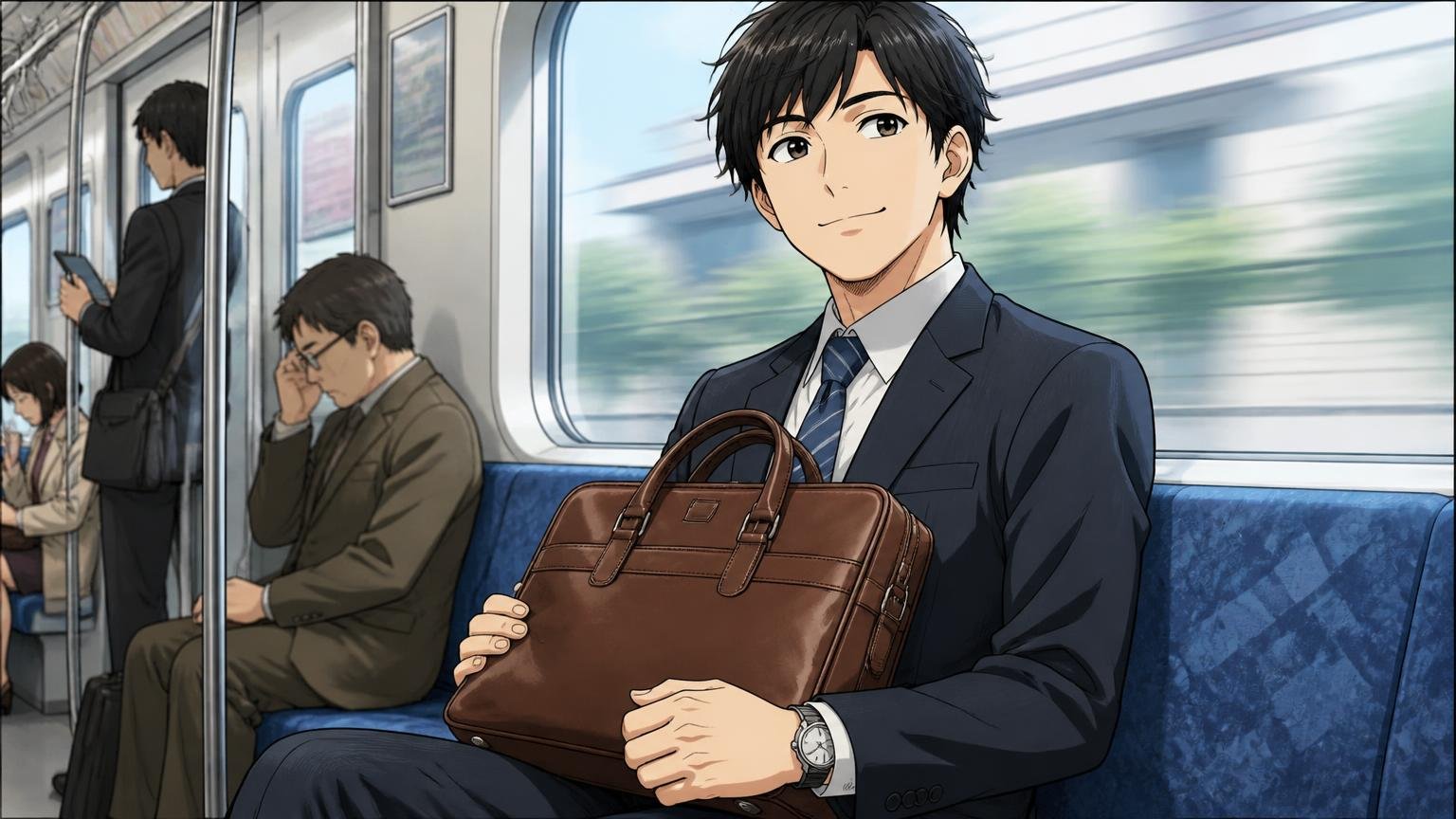 向いている人は「2万円前後で見た目と使い勝手を両立したい人」 通勤電車の座席で革のビジネスバッグを膝に置き満足げにほほえむ30代男性1人