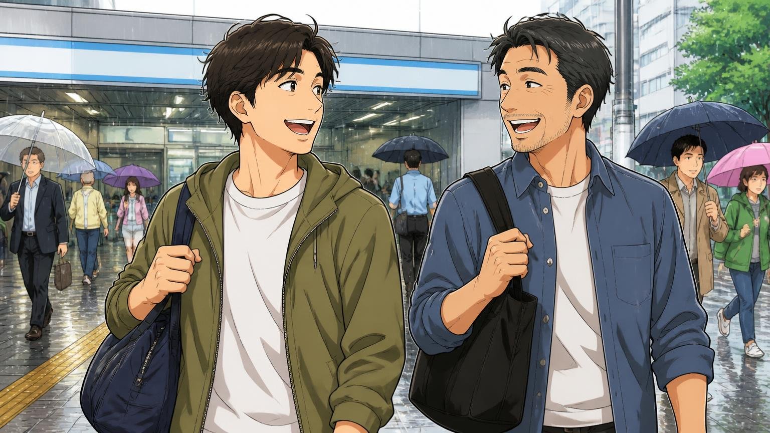 向いている人は「軽さと価格を優先したい人」「ギフトで気軽に贈りたい人」雨の日の駅前でナイロンのバッグを肩にかけ笑顔で歩く30代男性と40代男性の2人の場面