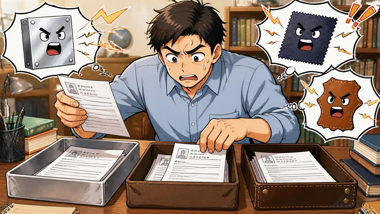 アルミの声とナイロン・レザーの声が混ざっている、書斎の机に口コミを印刷した紙を素材別に仕分ける男性1人