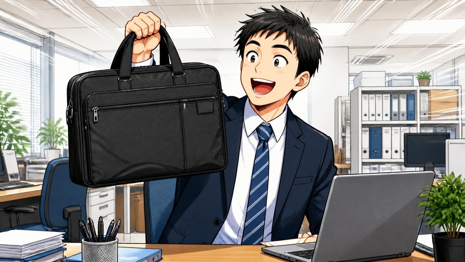 予算1万円前後で、軽さと収納力を最優先したい人オフィスのデスク脇で軽いビジネスバッグを片手で持ち上げて笑う会社員1人の場面