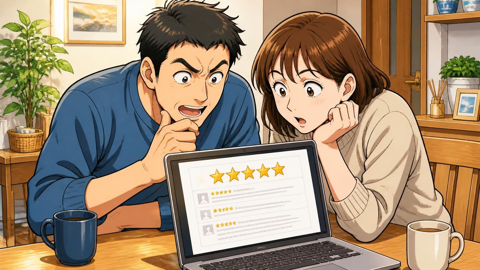 公式レビューの★4.9は「中身」まで読む、自宅のダイニングでノートパソコンのレビュー画面を夫婦がのぞき込み真剣に読み込む場面