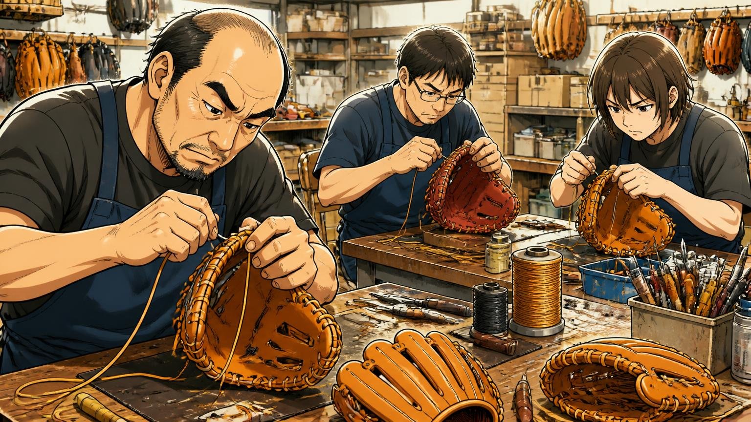 野球グラブのOEMで長い歴史をもつ大阪のメーカー 工場の作業台で職人がグローブの革を縫い合わせる場面 職人3人 真剣な表情で手を動かす