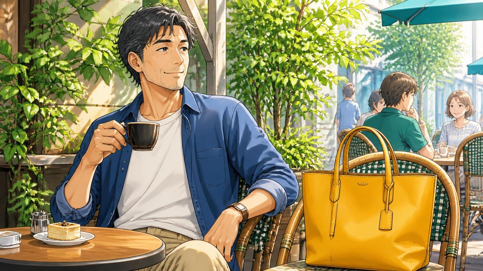 向いている人|色とやわらかい革で、さりげなく個性を出したい40代 休日のカフェのテラスで明るい色の革のトートバッグを横に置きくつろぐ40代男性1人