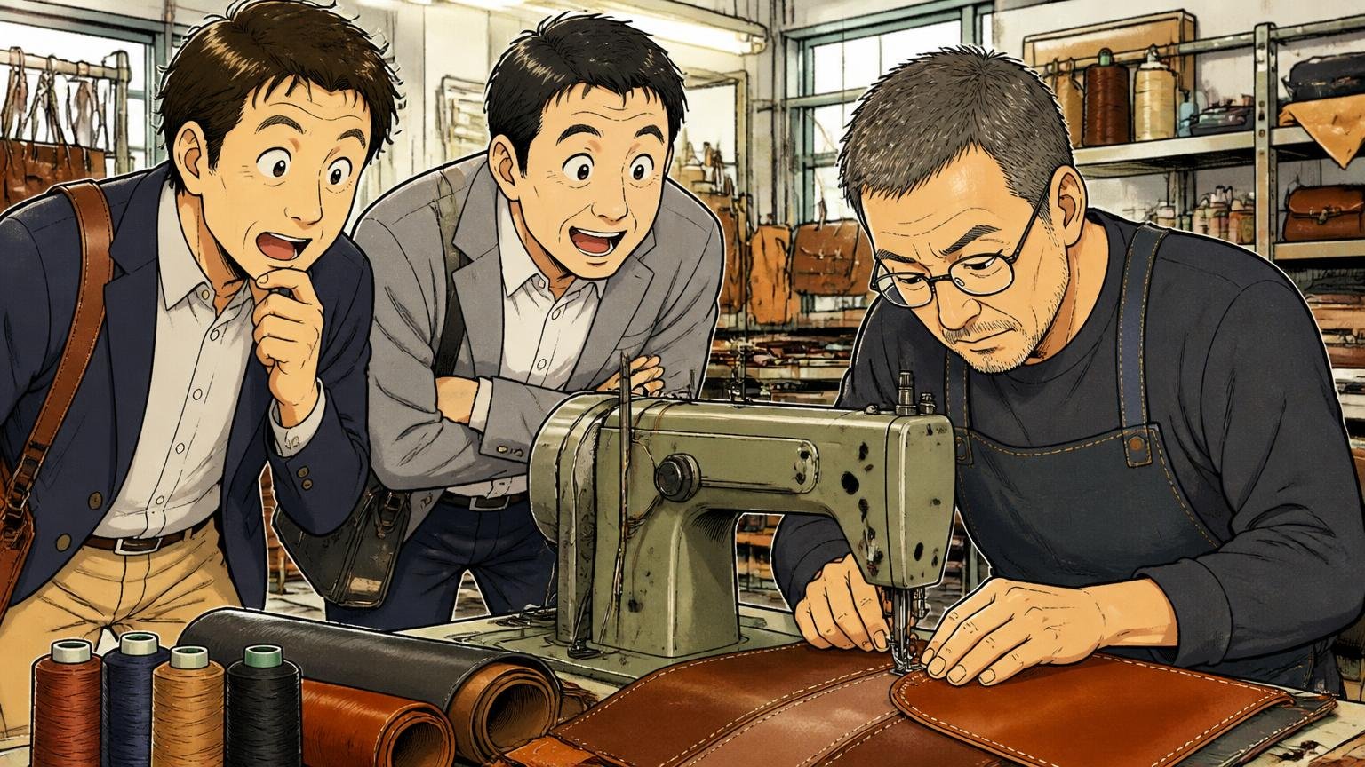 運営は株式会社キヨモト2005年設立　鞄メーカーの工房で職人が革を縫う様子を見学する40代男性2人が感心する場面
