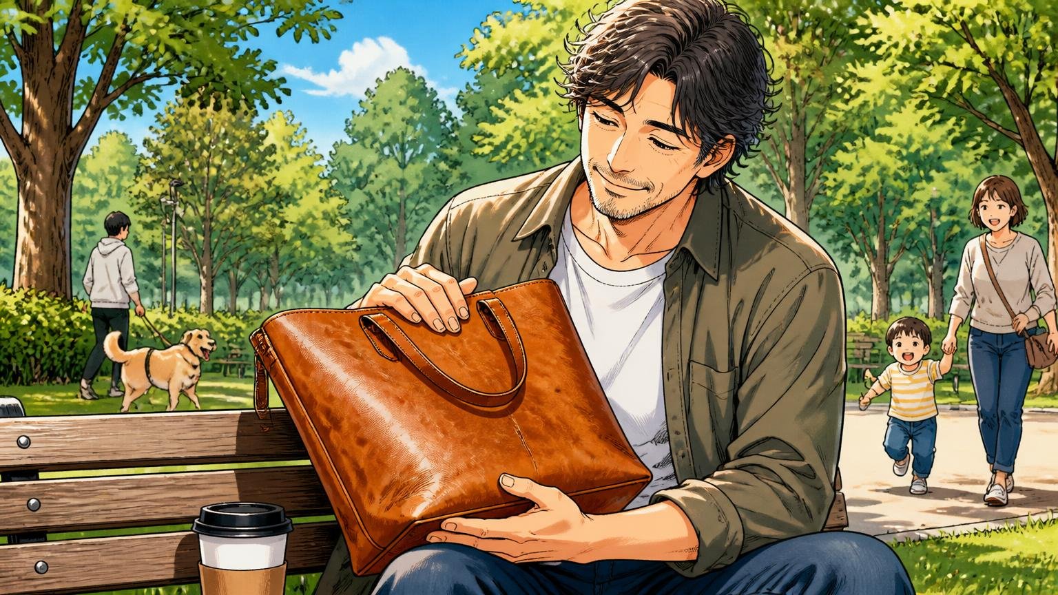 向いている人：革の表情を育てたい、軽さとシンプルさ重視、休日の公園のベンチで飴色の革トートをなでて微笑む40代男性