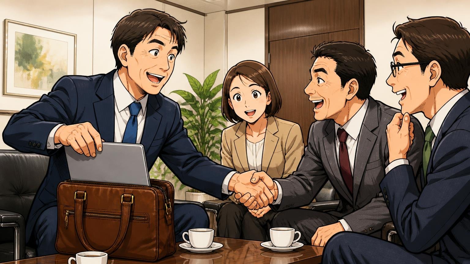 向いている人｜スーツの日が多く、PCは13〜14型前後 応接室で革のビジネスバッグからPCを出す場面、40代男性と取引先の3人、笑顔で握手