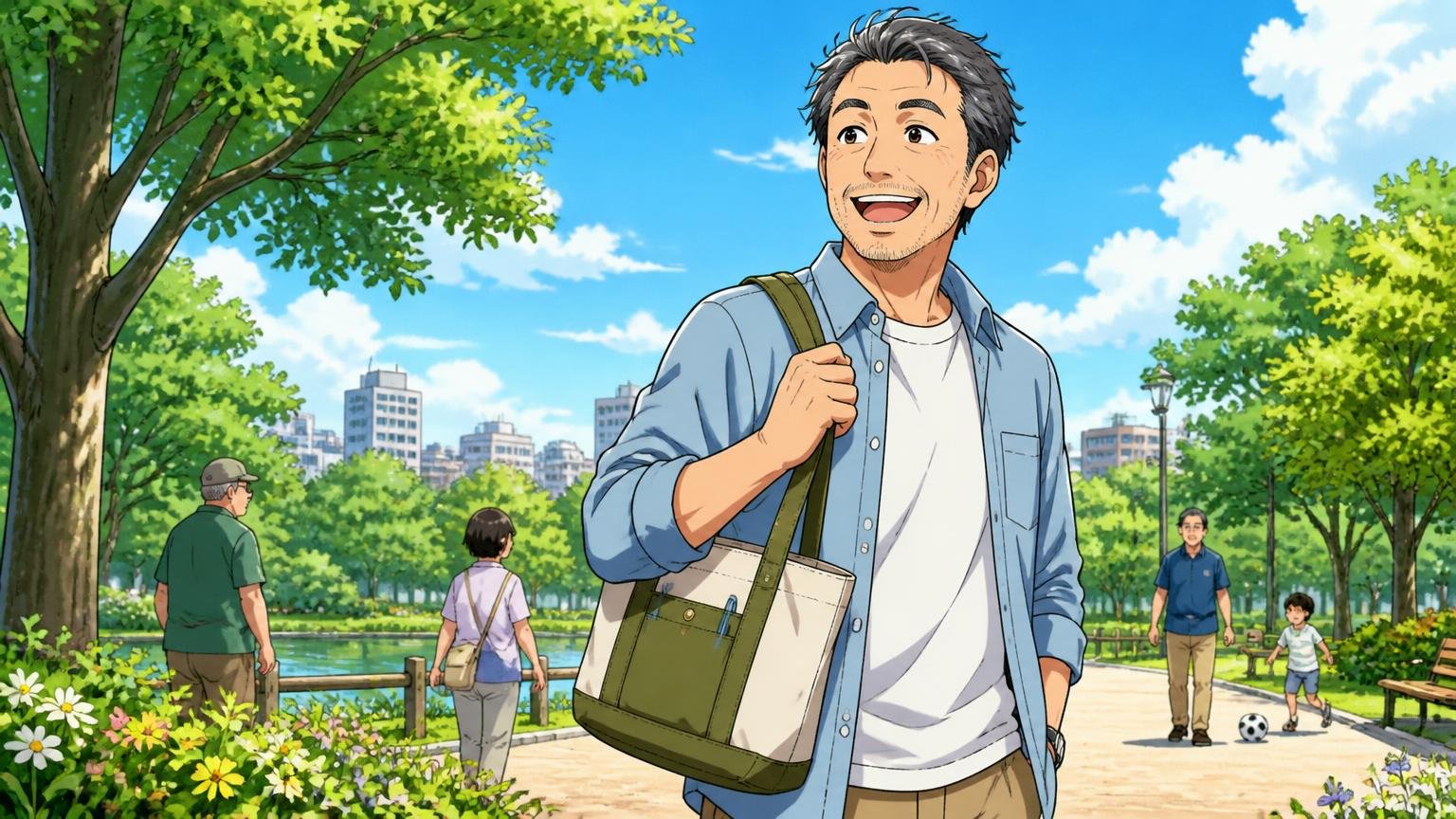 向いている人は「予算2〜3万円でポケットと遊び心を重視する人」 休日の公園でミニトートを肩にかけて笑顔で歩く50代男性1人の場面