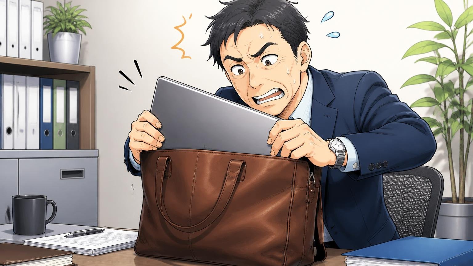 「16インチのPCが入らない」と感じた声/オフィスの机でノートPCを革トートのPCスリーブに押し込もうとして困り顔の40代男性1人