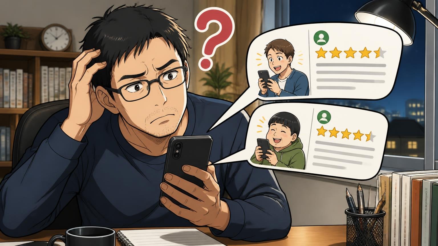 公式レビューは平均4.6でも「使い始めて日が浅い声」が中心　夜の自宅の机でスマホのレビュー画面を見比べる40代男性1人が首をかしげる
