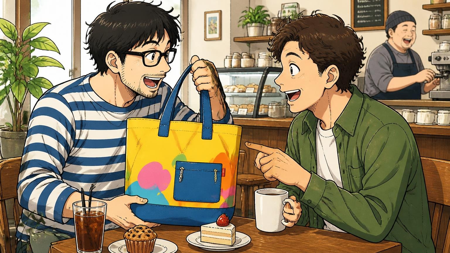 向いている人：遊び心のあるデザインを楽しみたい人、贈り物を探している人 休日のカフェでカラフルなトートを持った男性2人が楽しそうに話す場面