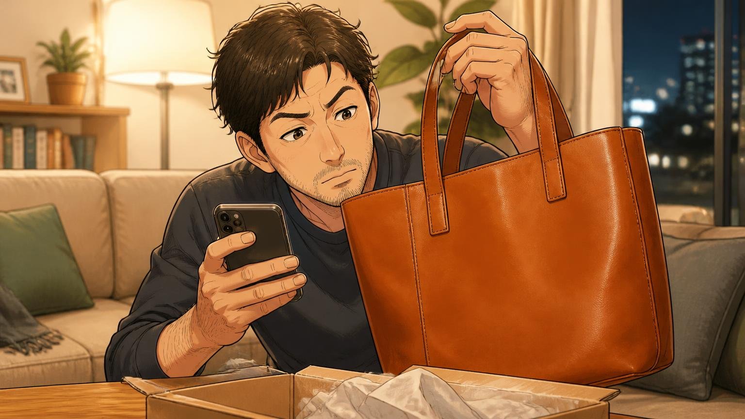 色味が写真より明るく感じる夜のリビングで届いた革トートの色をスマホの写真と見比べる40代男性1人
