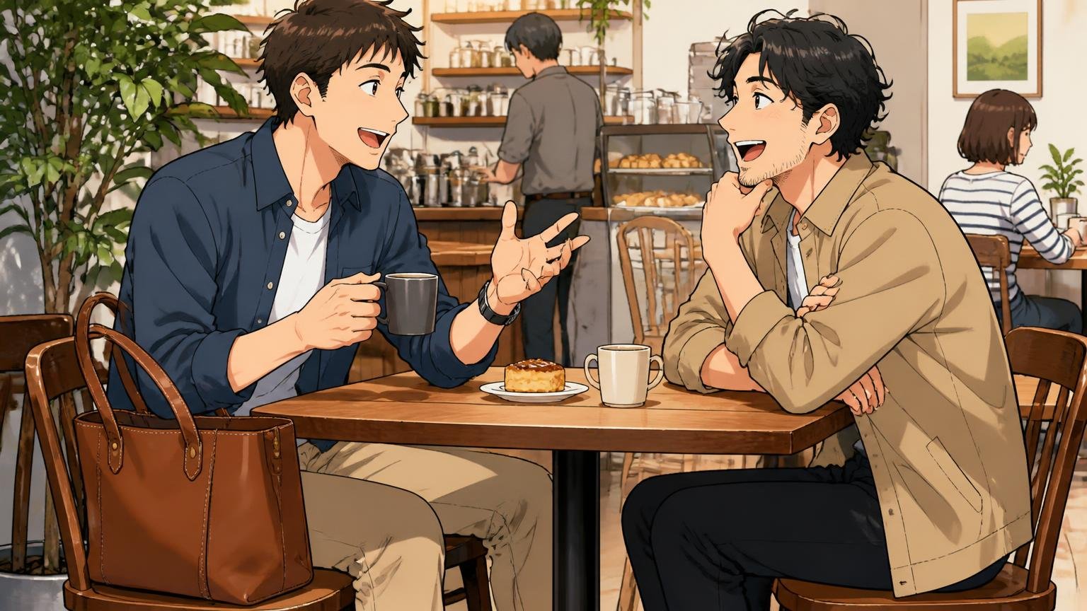 向いている人は「デザインと価格を優先し、数年単位で使う人」：休日のカフェで革のトートを椅子に置いた男性2人が楽しげに談笑する場面