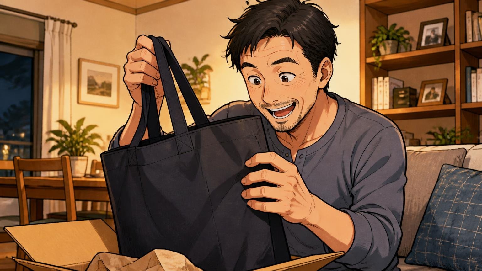 届いた直後〜1か月｜満足の声と「最初の綻び」 夜のリビングで届いたトートを照明にかざして眺める40代男性が笑顔を見せる場面