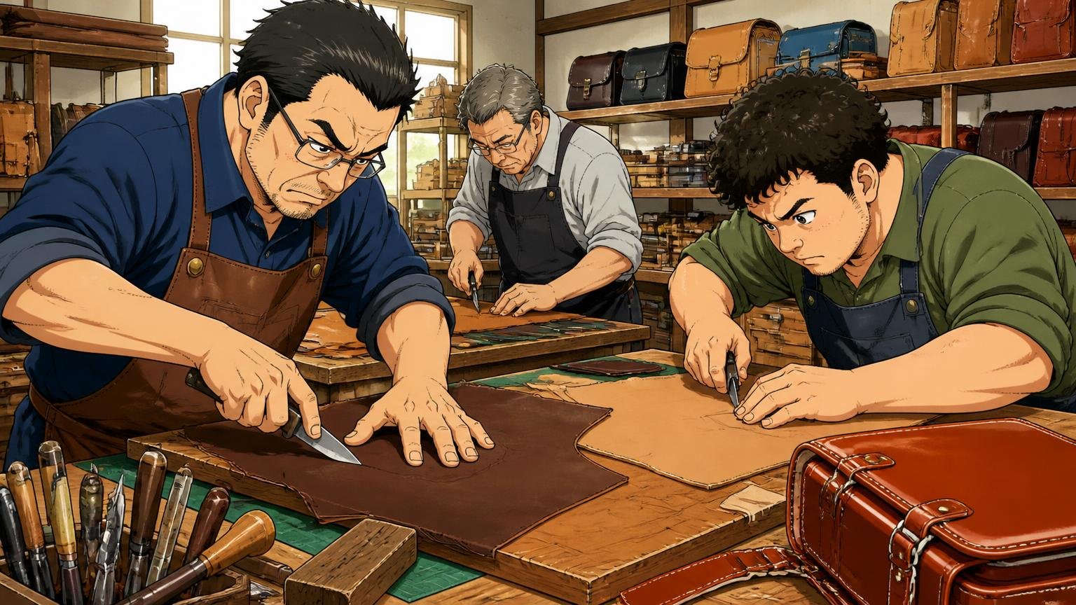 1965年創業、ランドセルづくりから始まった鞄メーカー 革の工房で作業台に向かう職人3人が真剣な表情で革を裁つ場面