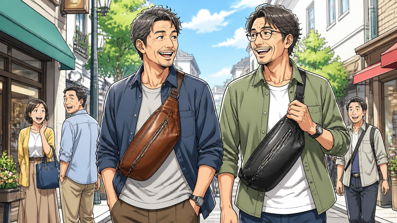 向いている人は「荷物が少なく、革の変化を楽しみたい休日派」 休日の街歩きで革のボディバッグを肩にかけて笑顔で歩く40代男性2人