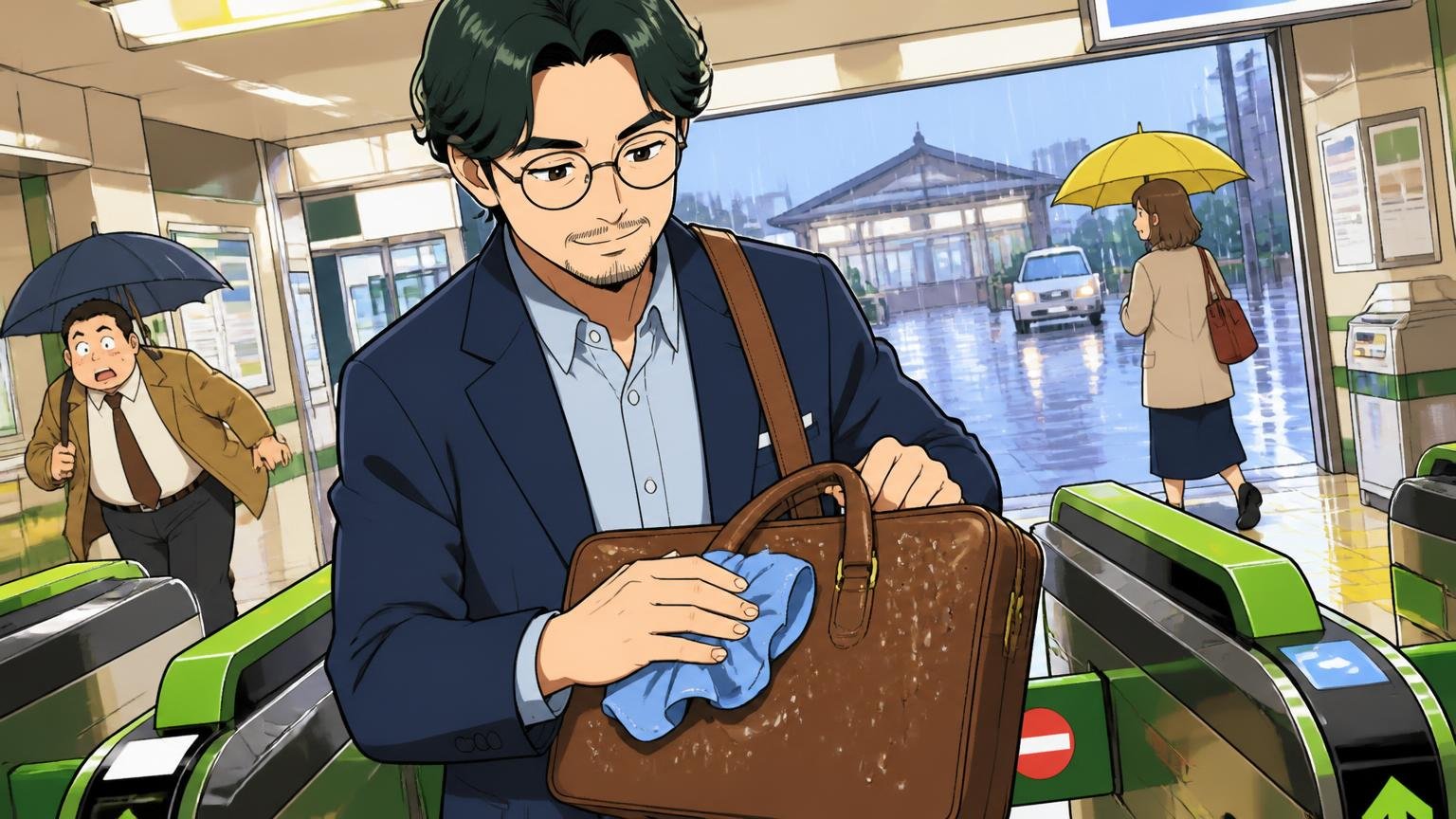 雨に濡れたらとんとん押さえる 雨の日の駅の改札前でハンカチで革バッグの水滴を押さえる40代男性1人が落ち着いた表情