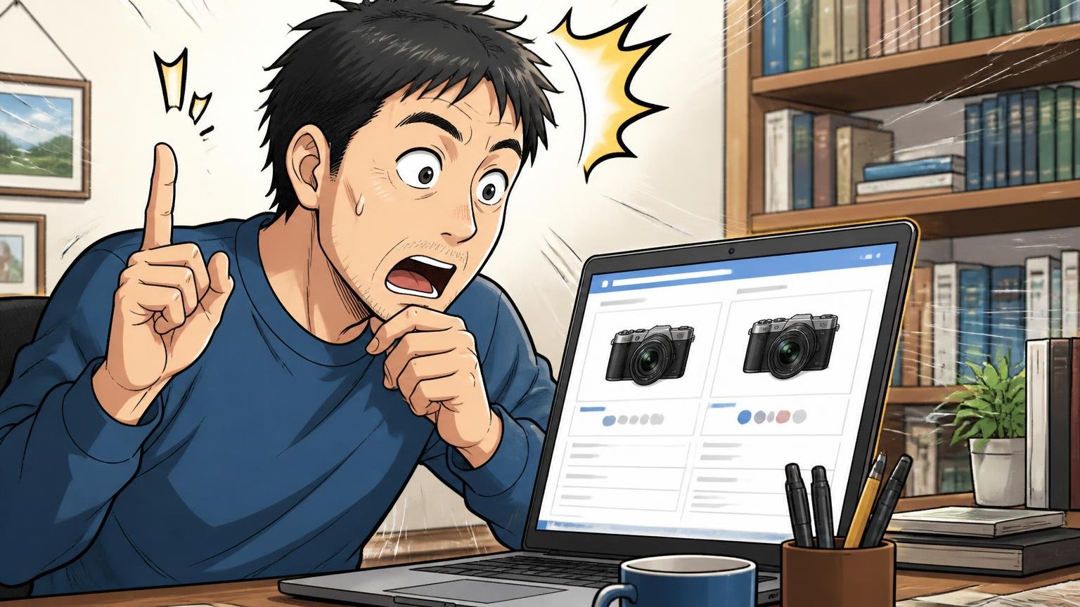 口コミの多い01-05000は旧モデルと知っておく、自宅の書斎でパソコンの商品ページを見比べる40代男性1人がハッと気づく場面