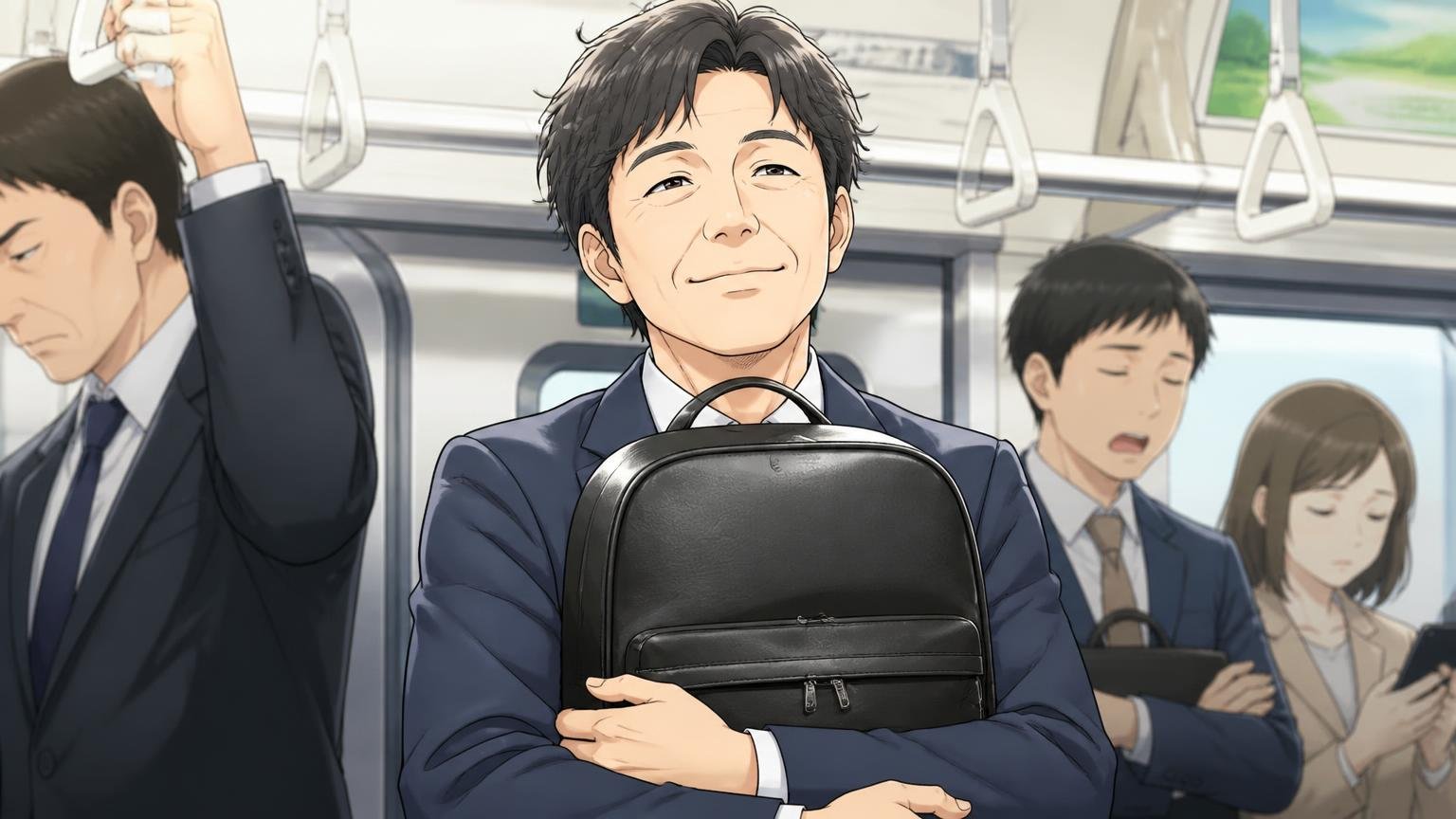 向いている人｜軽くてきれいめの革リュックで電車通勤したい人　朝の通勤電車で革リュックを前に抱え満足げな40代男性1人