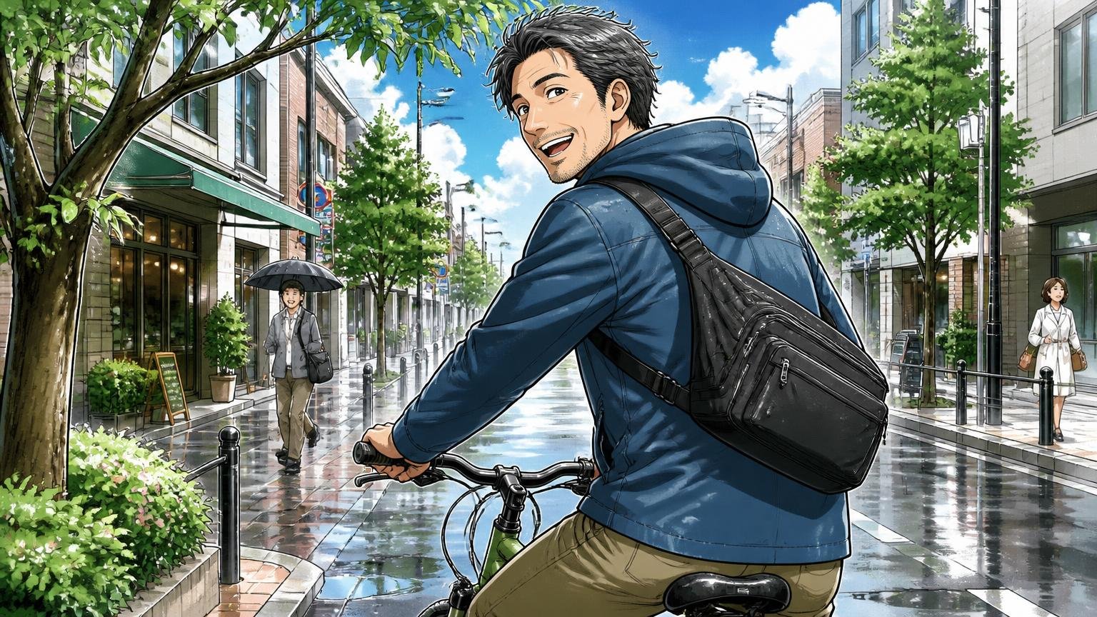 向いている人：軽さ・雨への強さ・ポケットの多さを最優先したい人 雨上がりの街を自転車で走る40代男性がボディバッグを背に笑う場面