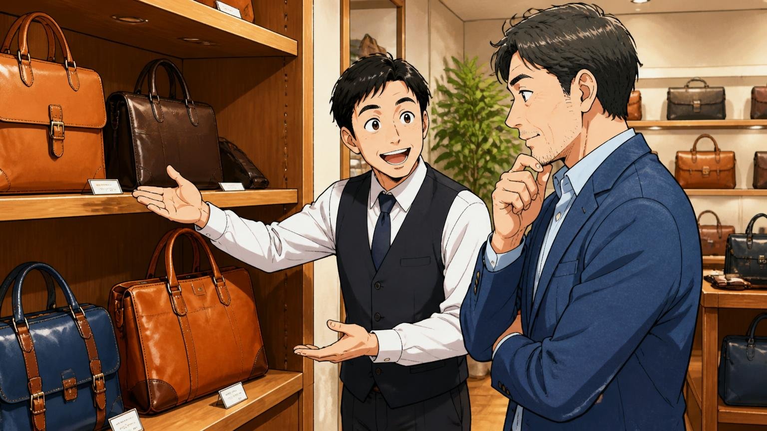 大阪の老舗鞄メーカー「井野屋」が手がける日本のブランド ショールームの棚に並ぶ革のバッグを店員の説明を聞きながら見比べる40代男性と店員の2人