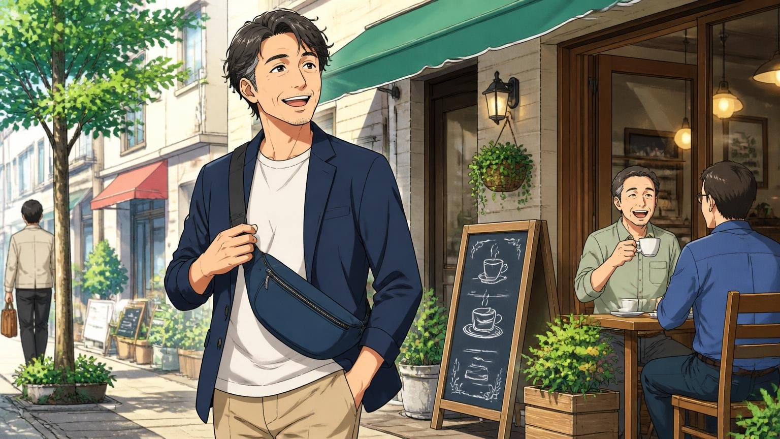 バルケッタが向いている人、休日のカフェ前で舟型ショルダーを斜めがけして歩く40代男性が笑う場面