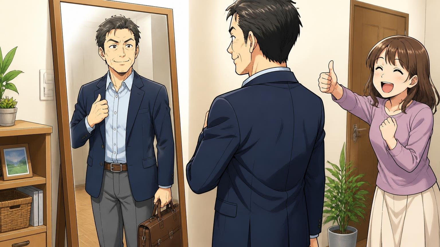 服装のテイストをそろえる 自宅の姿見の前で40代男性がジャケット姿で革のビジネスバッグを持ち妻に親指を立てられる場面