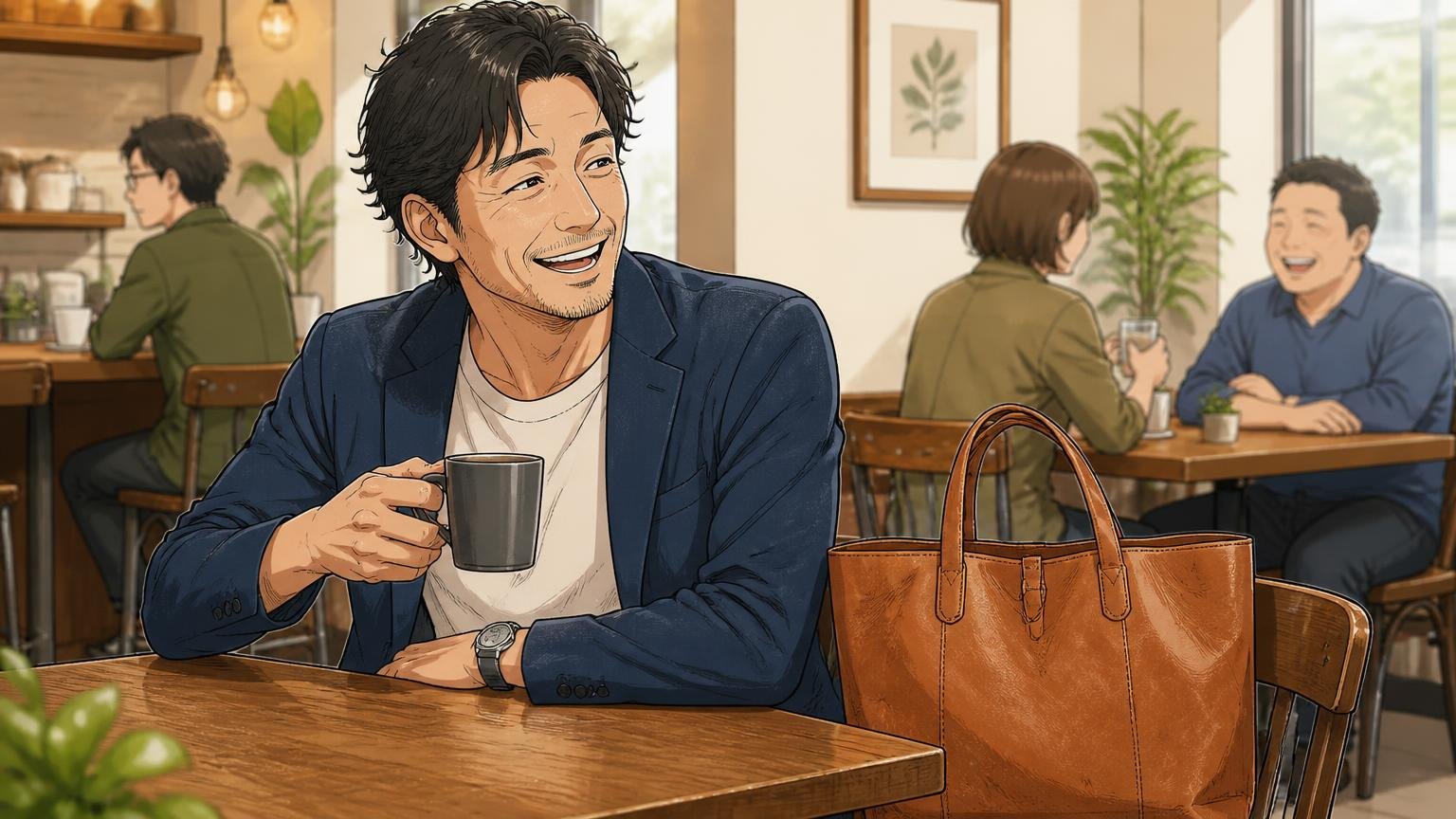 アニアリが向いている人|オンオフ兼用で柔らかい革と色を楽しみたい40代。休日のカフェで男性が革トートを横に置き笑う場面
