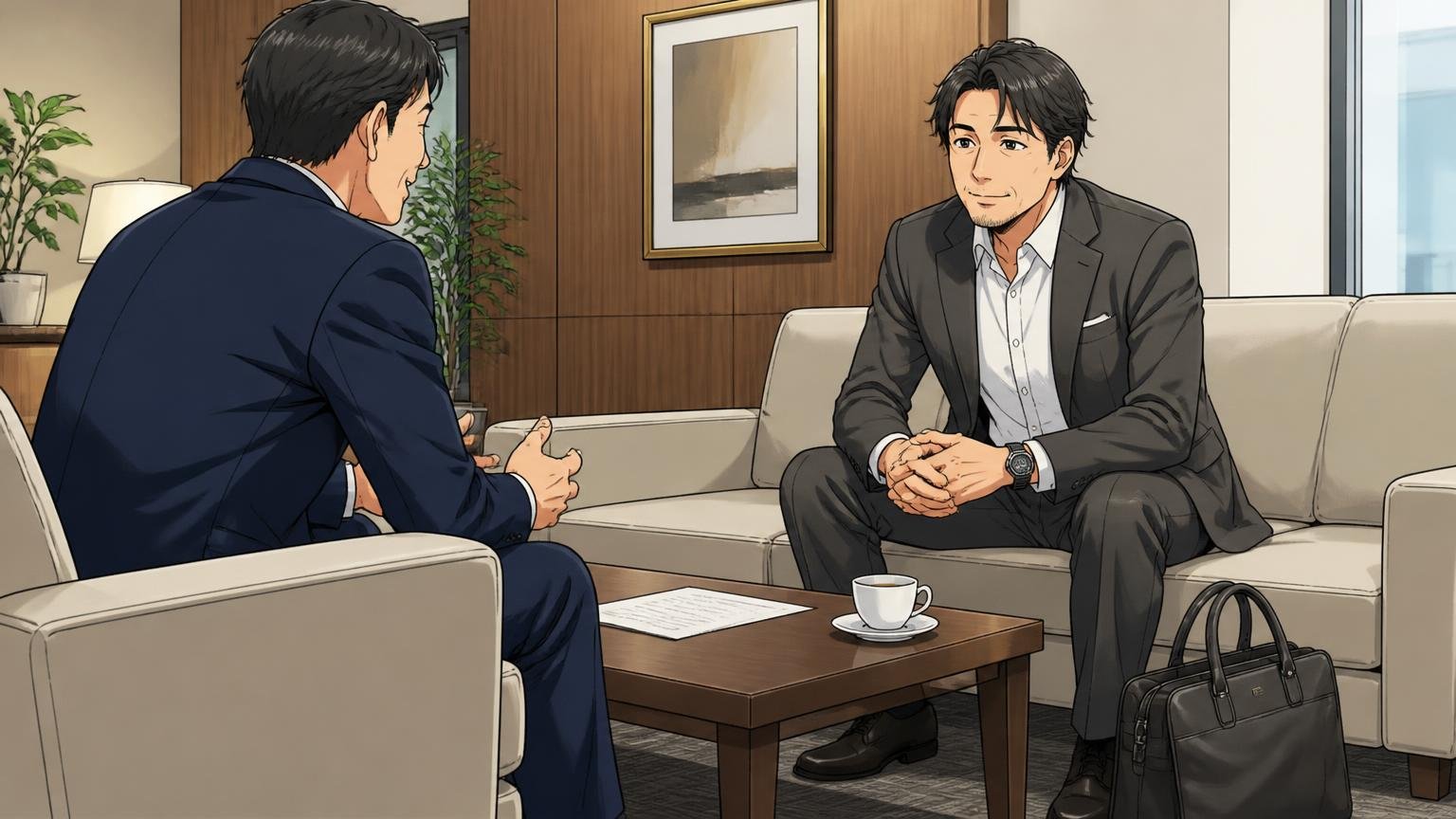 ロゴで主張せず、さりげなく品よく見せたい人 取引先の応接室でロゴのない革バッグを足元に置いて落ち着いて話す40代男性と相手の2人の場面