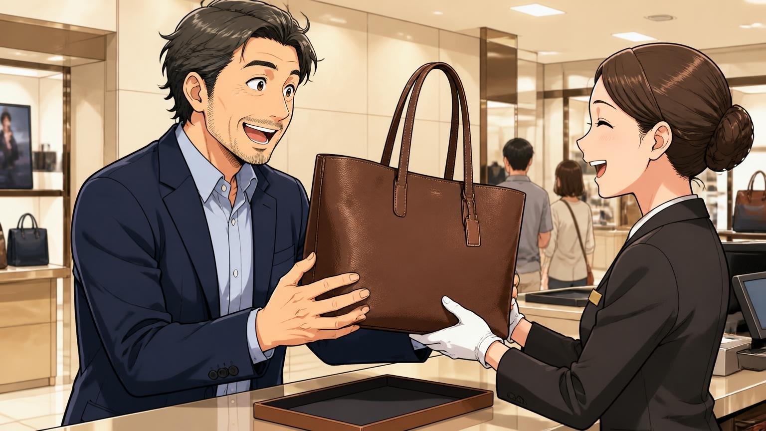 良い口コミ｜コスパと手ざわり、40代が2つ目を買い足す理由、百貨店のレジ前で2つ目の革トートを受け取り嬉しそうな40代男性と店員の2人