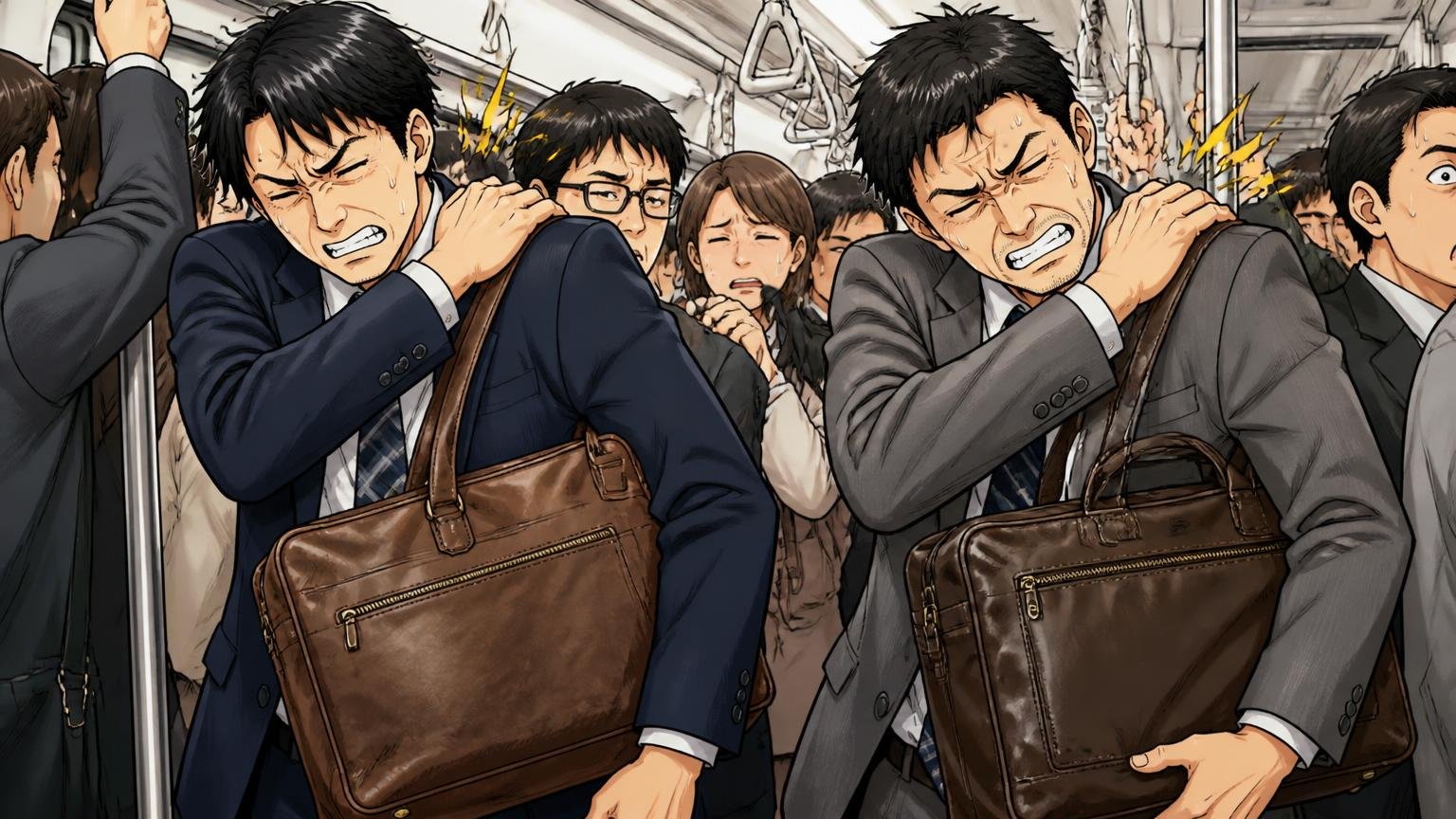 重さ：アニアリの革ブリーフは750〜1,300g、土屋鞄は980〜1,780g、満員電車で重い革ブリーフを提げ肩をさする男性2人
