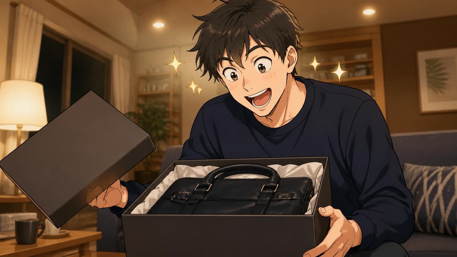 20代｜背伸びに見えやすいが最初の本物に選ぶ人も 夜のリビングでプレゼントのバッグの箱を開けた20代男性が目を輝かせる場面