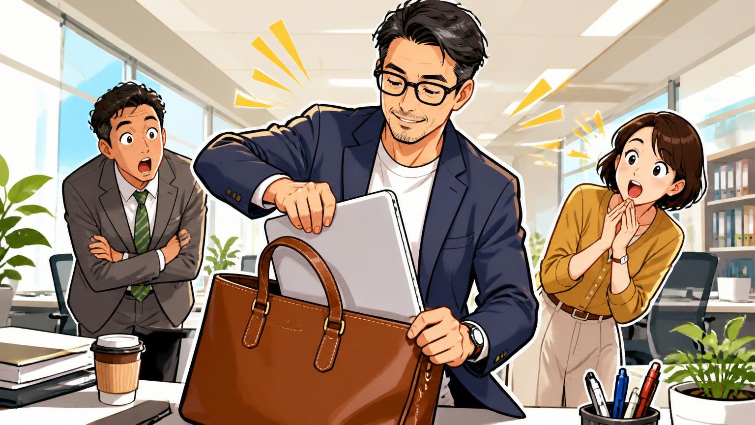 革トートが向いている40代の特徴｜明るいオフィスで革トートからPCを取り出す男性を同僚2人が感心して見る場面