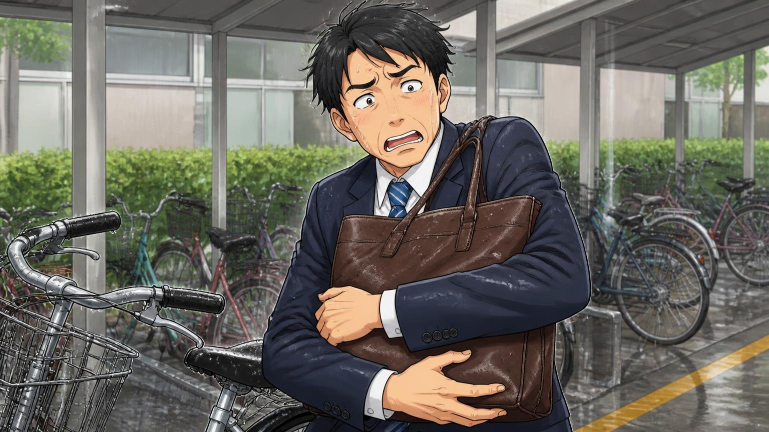 革トートが向いていない人　雨の日の自転車置き場で、両手を空けたいのに大きな革トートを抱えて困った顔をする40代男性1人