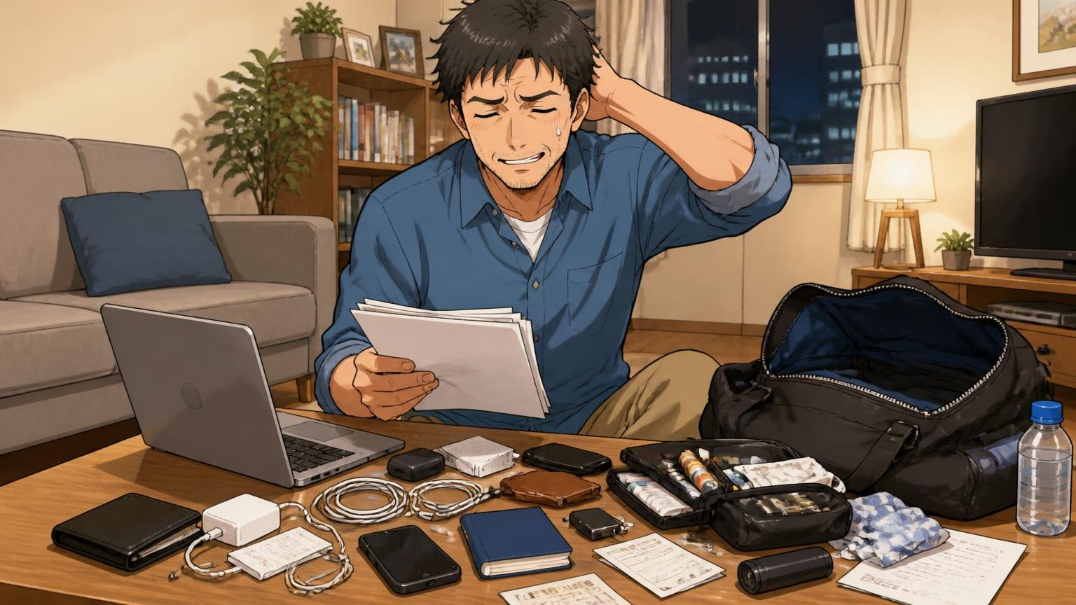 PC・充電器・書類を見直す、夜のリビングでバッグの中身を全部出して仕分ける場面、40代男性1人が苦笑いする