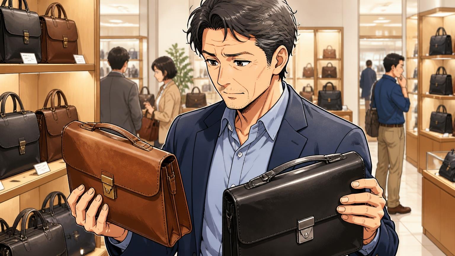 向いていない40代、百貨店の鞄売り場で落ち着いた革のバッグを手に取って見比べる40代男性の場面