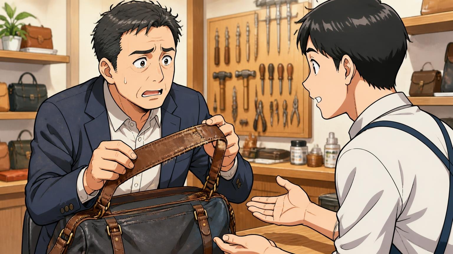 公式の修理サービスで使い続けられる 鞄の修理カウンターで傷んだ肩ベルトを店員に見せて相談する40代男性と店員の2人