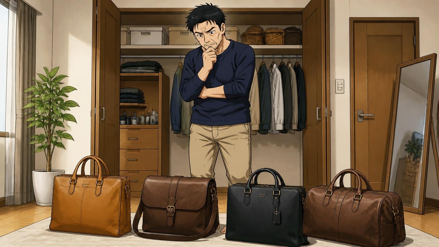 向いていない人4つ 自宅のクローゼットの前で複数の革バッグを並べた40代男性が腕組みして考え込む場面