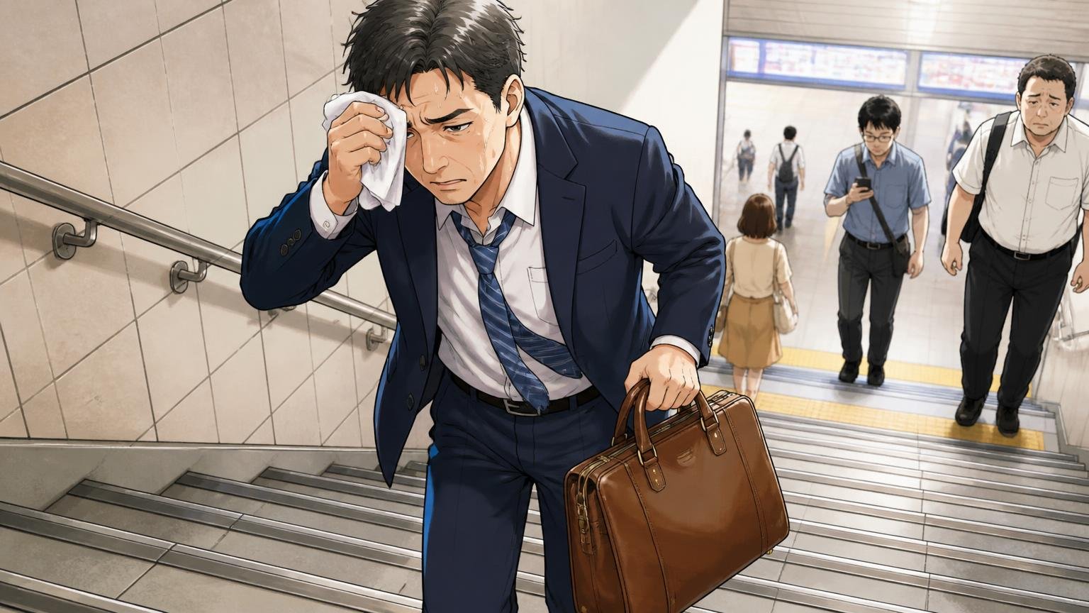 土屋鞄は重い？1kgを超えても選ばれる理由と注意点。駅の階段で革のビジネスバッグを手に持ち替え、汗をぬぐう40代男性1人